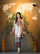 Stenfia Camora Cotton Kurta Set in beige with maroon prints.