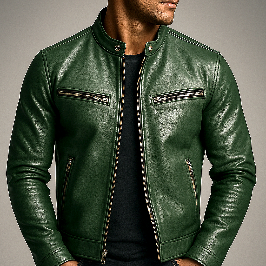 Veste classique pour homme en similicuir, fermeture zippée