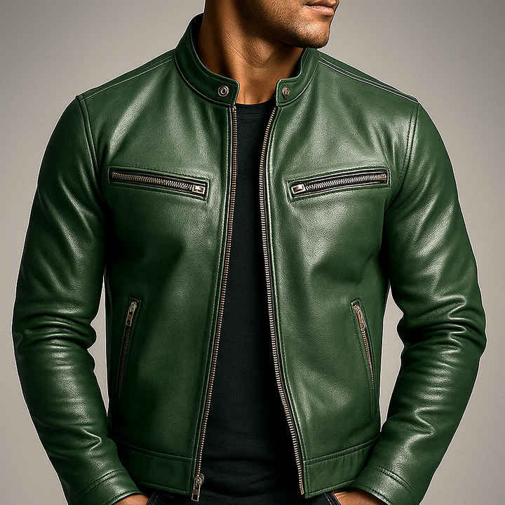 Veste classique pour homme en similicuir, fermeture zippée