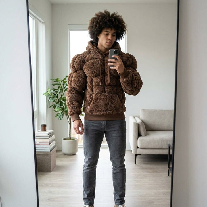 Felpa Titan Sherpa Muscle con cappuccio da uomo | Pullover imbottito in pile effetto six-pack
