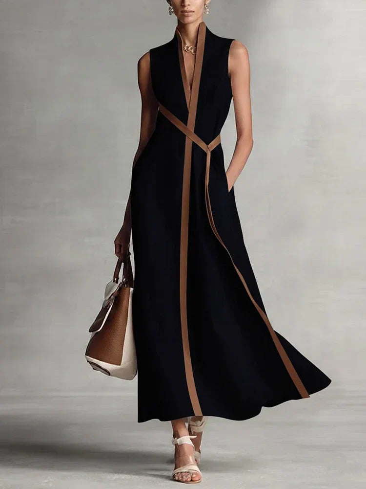 Abito midi elegante da donna, ampio, senza maniche, in cotone e lino, con collo alto, per l’estate, la spiaggia, le vacanze, il lavoro e tutti i giorni – Aurora