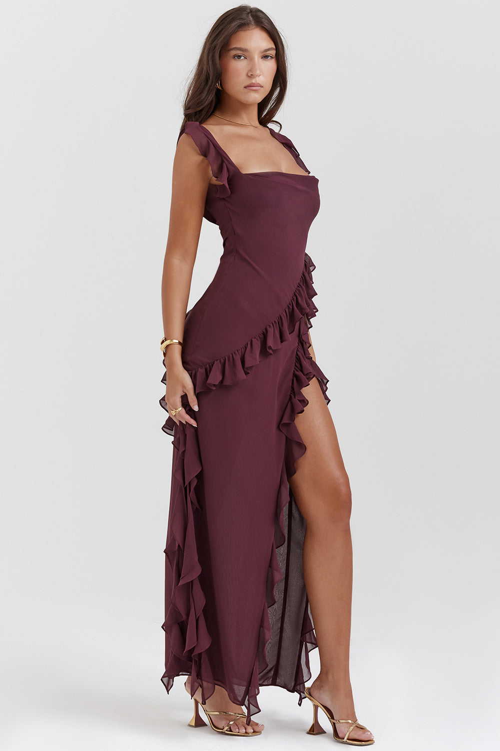 Elegant Women's Melantha Dress – Adjustable Straps – Ruffle Detail – High Slit