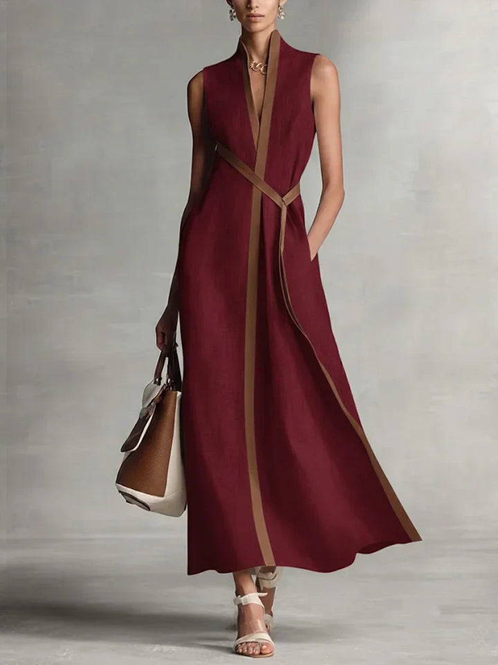 Abito midi elegante da donna, ampio, senza maniche, in cotone e lino, con collo alto, per l’estate, la spiaggia, le vacanze, il lavoro e tutti i giorni – Aurora
