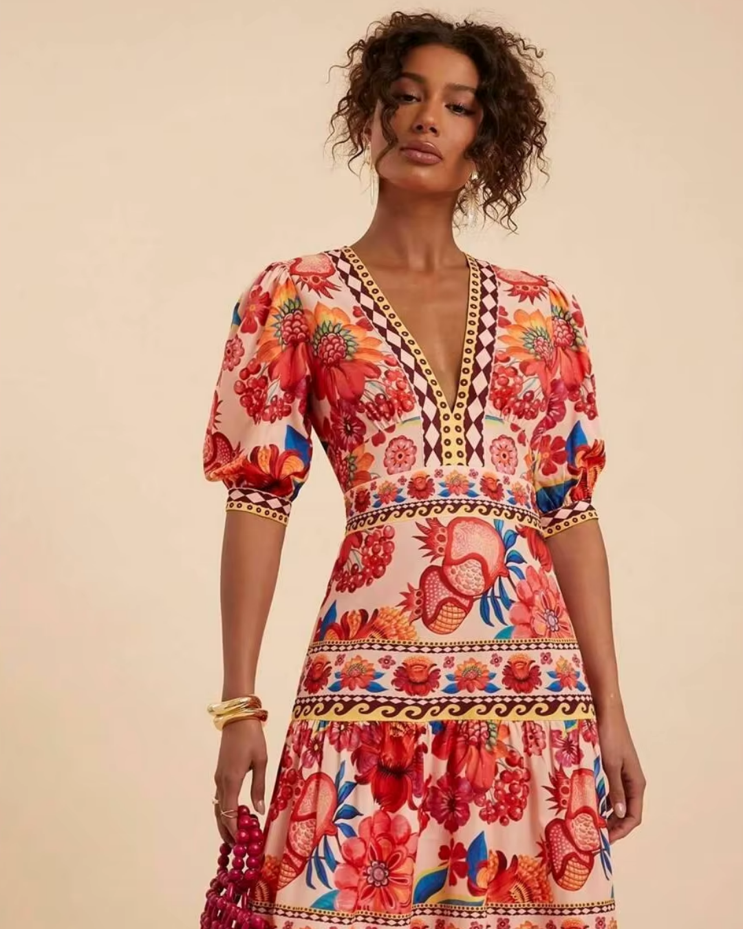 Ella - Bohemian Maxi Dress with Floral Print and Puff Sleeves