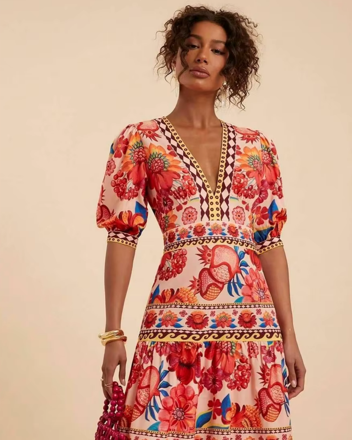 Ella - Bohemian Maxi Dress with Floral Print and Puff Sleeves