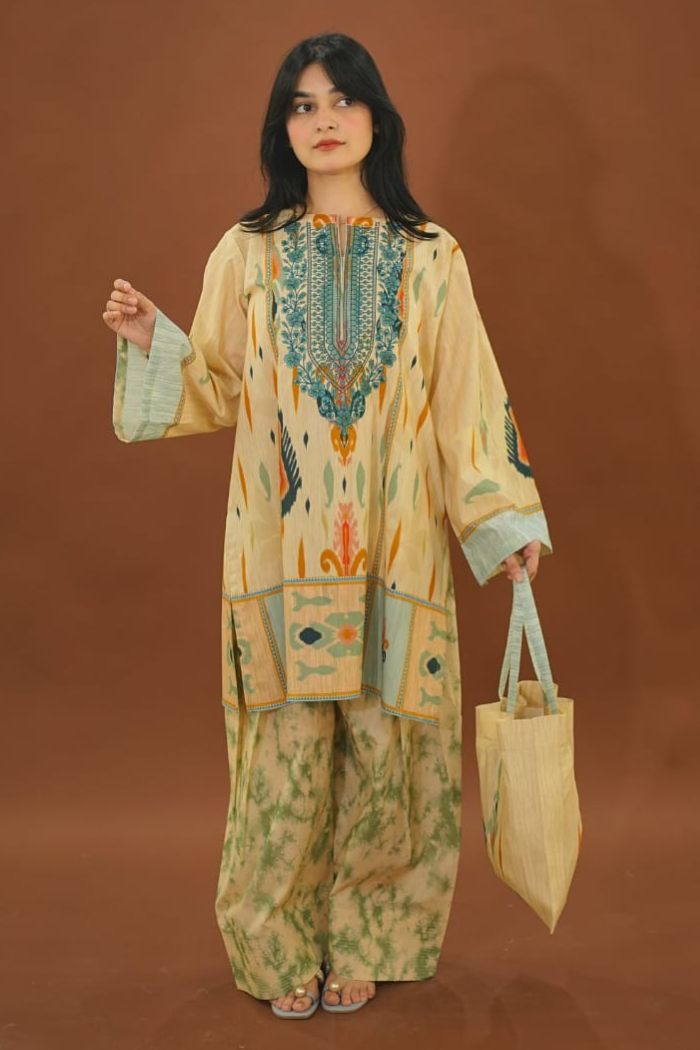 Woman wearing Farshi salware  a traditional outfit with intricate patterns on a brown background