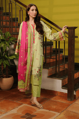 Front view of Mehrose Lime Green Muslin Kurta Set with pink floral dupatta.