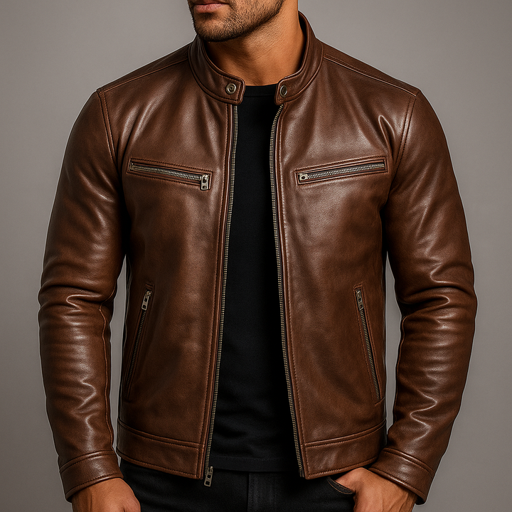 Veste classique pour homme en similicuir, fermeture zippée