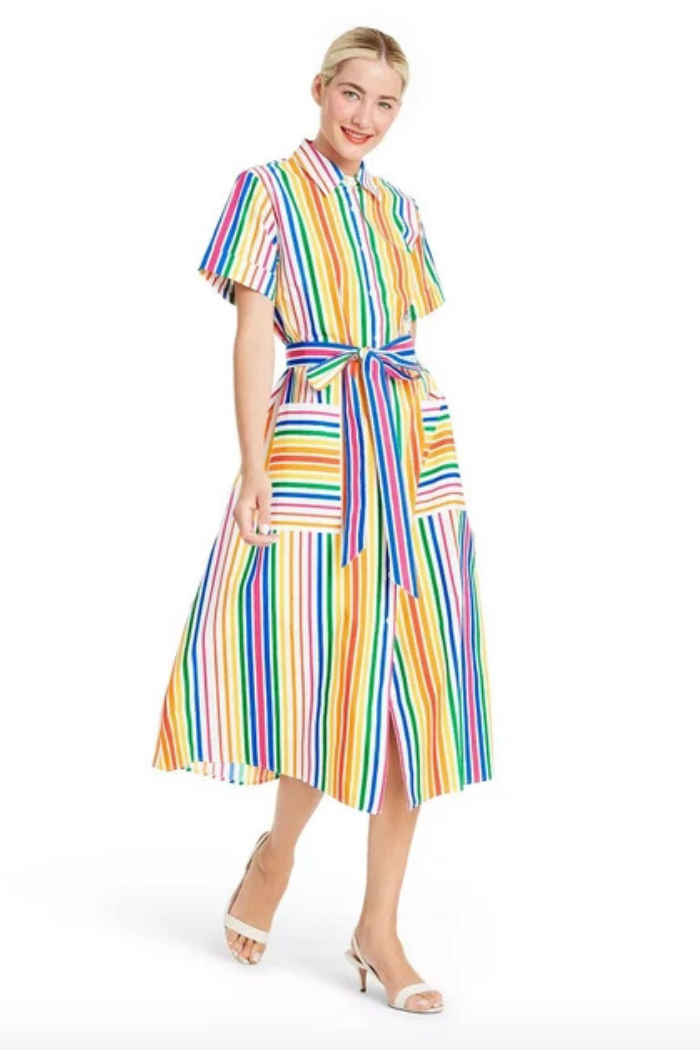 Rainbow Stripe Belted Shirt Dress