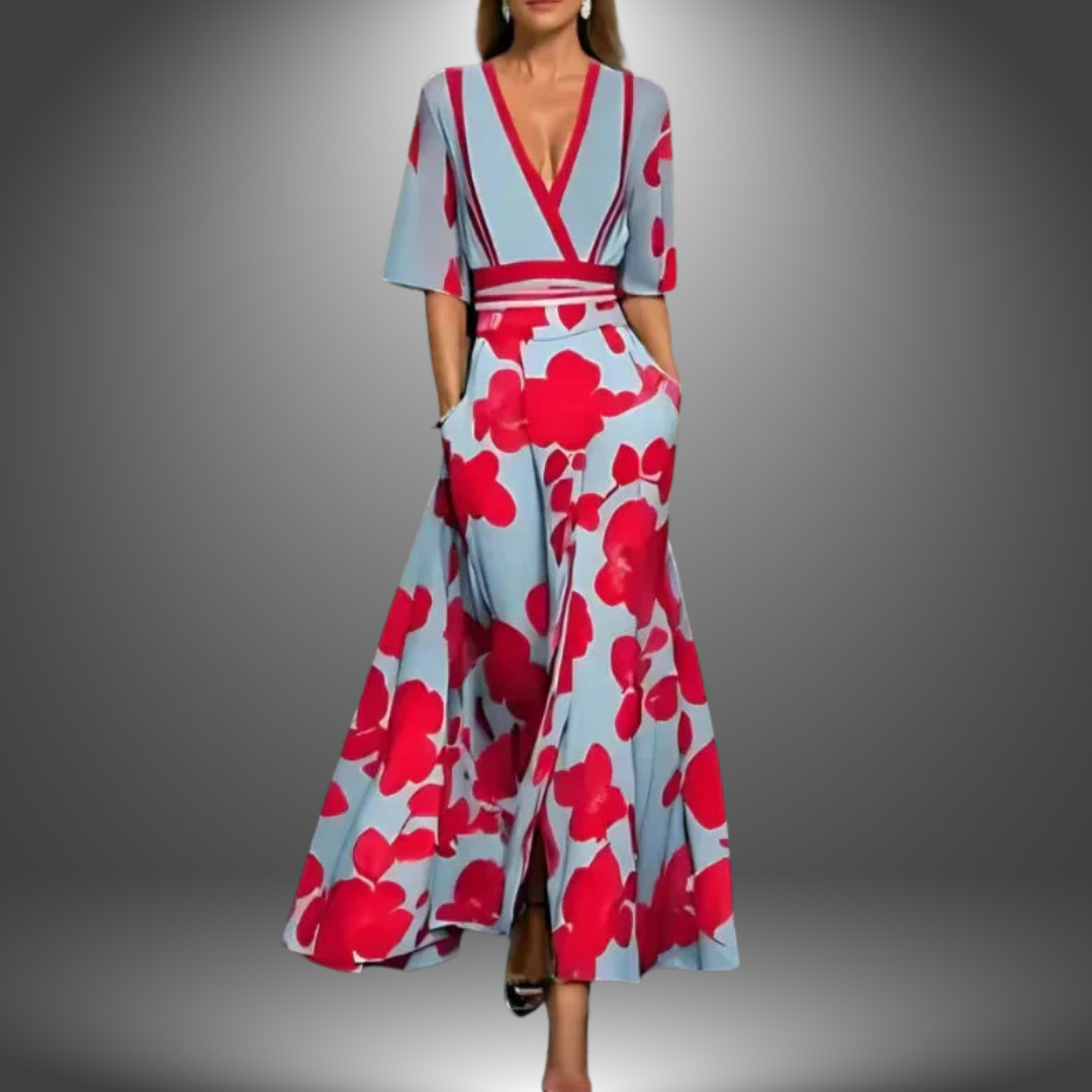 Jasmine - Women's Flattering V-Neck Printed Maxi Dress