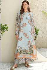 Woman wearing a floral dress with a light blue background