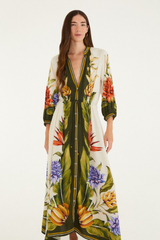 Woman wearing a floral dress with a white border on a white background