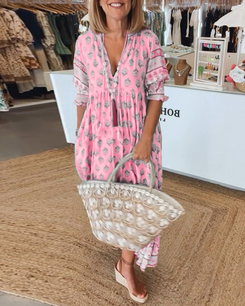 Emma - Women's Printed V-Neck Half-Sleeve Dress
