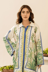 Woman wearing a floral patterned shirt with a white background