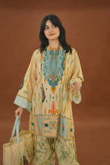 Woman wearing a patterned outfit against a brown background
