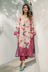 Woman wearing a floral dress with a white background