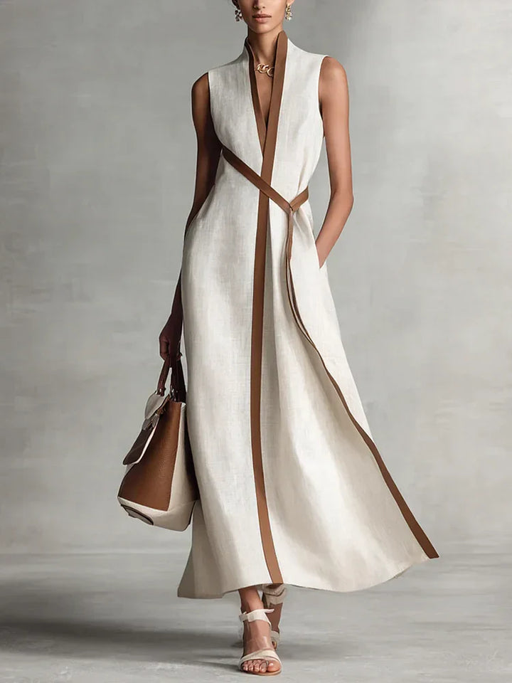 Abito midi elegante da donna, ampio, senza maniche, in cotone e lino, con collo alto, per l’estate, la spiaggia, le vacanze, il lavoro e tutti i giorni – Aurora