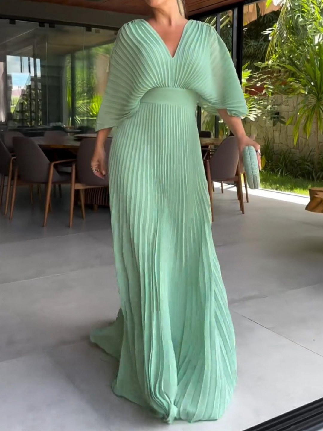 Women's Colorful Pleated Maxi Dress with Elegant Flow