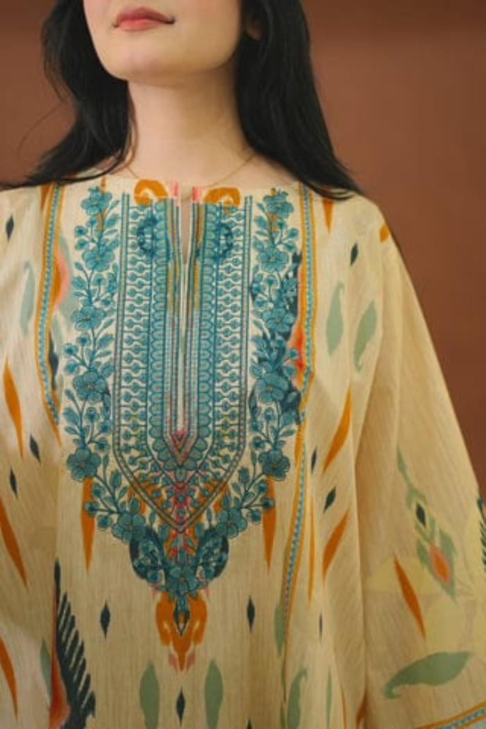 Beige kurta with intricate blue on a brown background