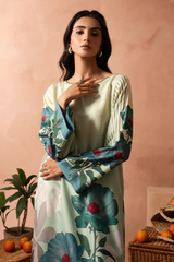 Woman wearing a floral dress with a beige background