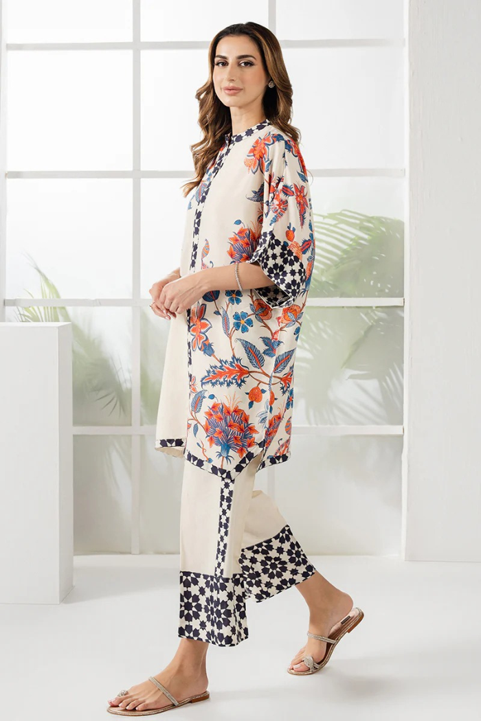 Woman wearing a floral dress with a white background