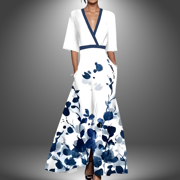 Jasmine - Women's Flattering V-Neck Printed Maxi Dress
