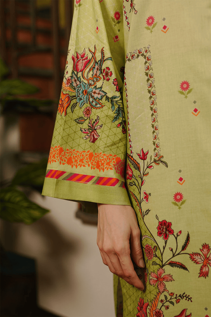  Close-up of floral print on lime green Mehrose Kurta Set.