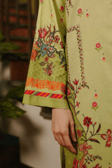  Close-up of floral print on lime green Mehrose Kurta Set.