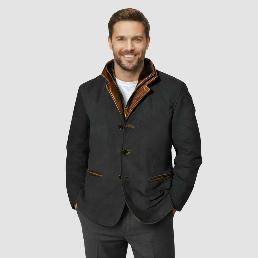 Veste blazer en cuir avec col en peau lainée