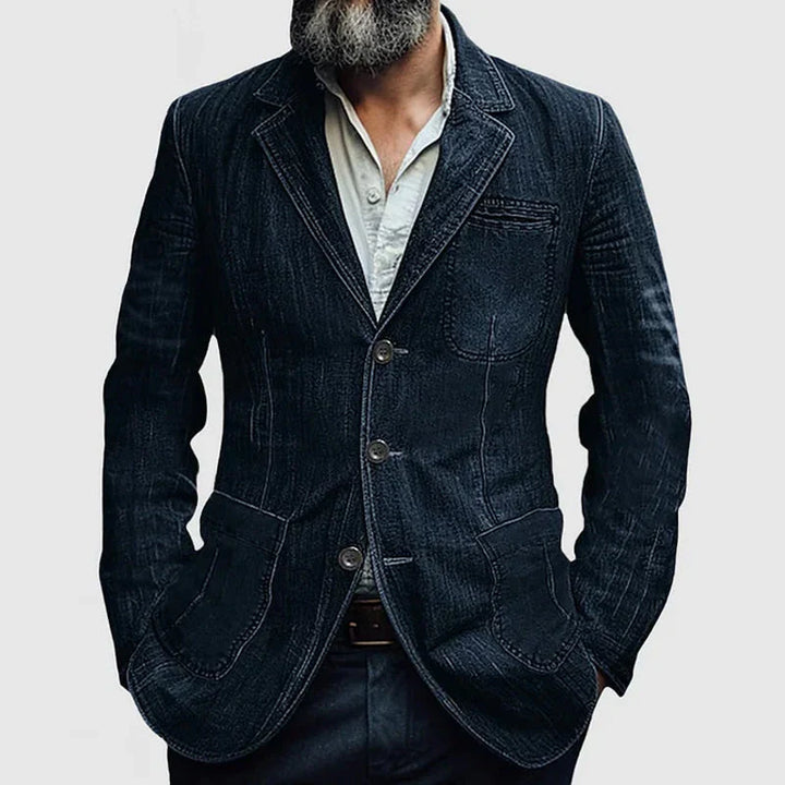 Men's Single-Breasted Denim-Look Blazer with Notched Lapels, Tailored Fit
