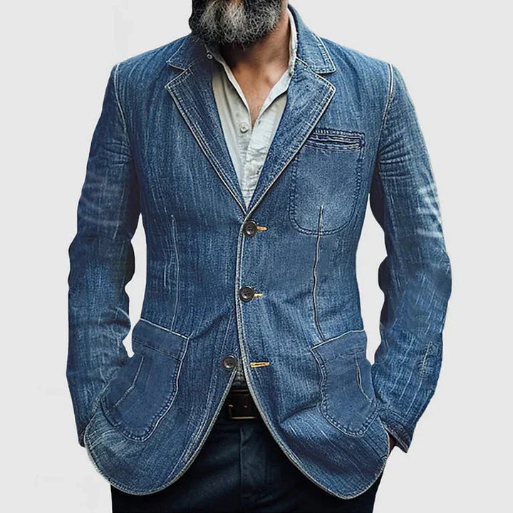Men's Single-Breasted Denim-Look Blazer with Notched Lapels, Tailored Fit