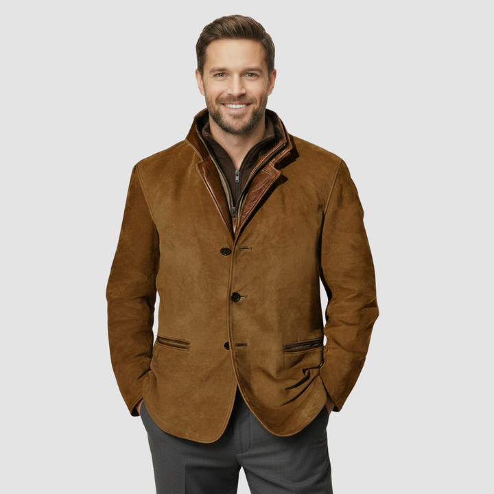 Veste blazer en cuir avec col en peau lainée