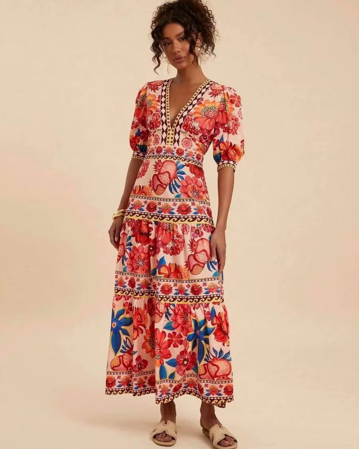 Ella - Bohemian Maxi Dress with Floral Print and Puff Sleeves