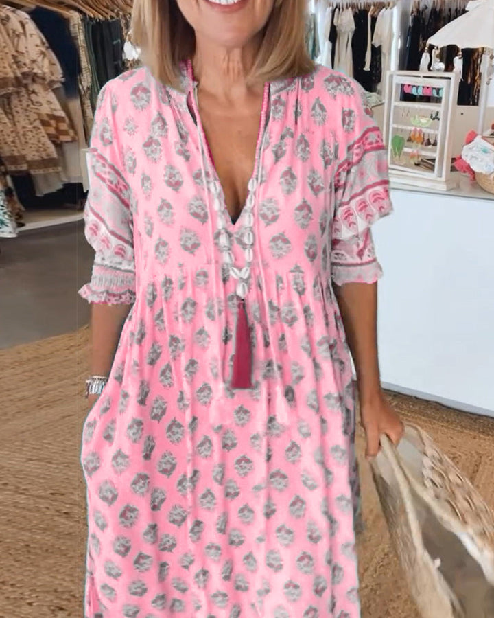 Emma - Women's Printed V-Neck Half-Sleeve Dress