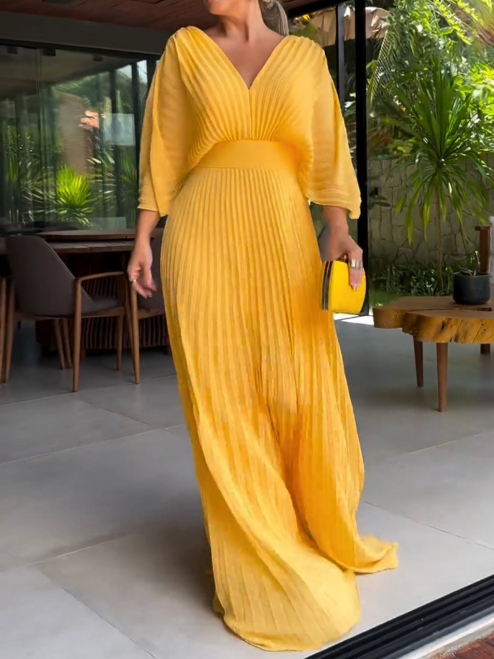 Women's Colorful Pleated Maxi Dress with Elegant Flow