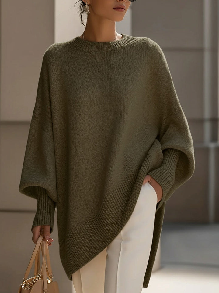 Women's Wool Draped Knit Jumper with a High Split – Olive Green