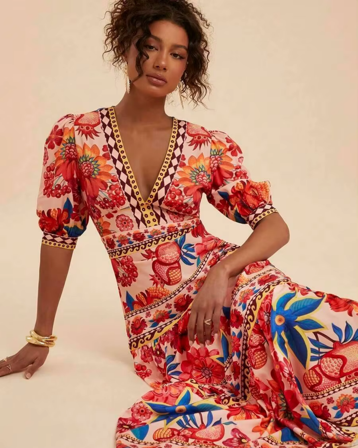 Ella - Bohemian Maxi Dress with Floral Print and Puff Sleeves