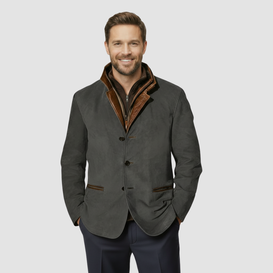 Veste blazer en cuir avec col en peau lainée