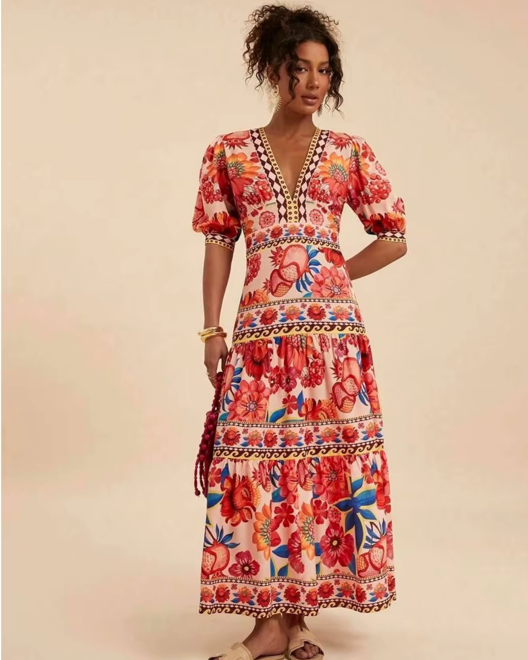 Ella - Bohemian Maxi Dress with Floral Print and Puff Sleeves