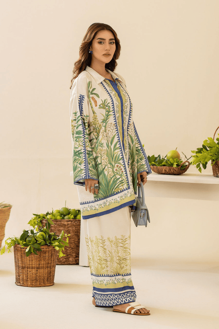 Woman wearing a floral dress with a neutral background