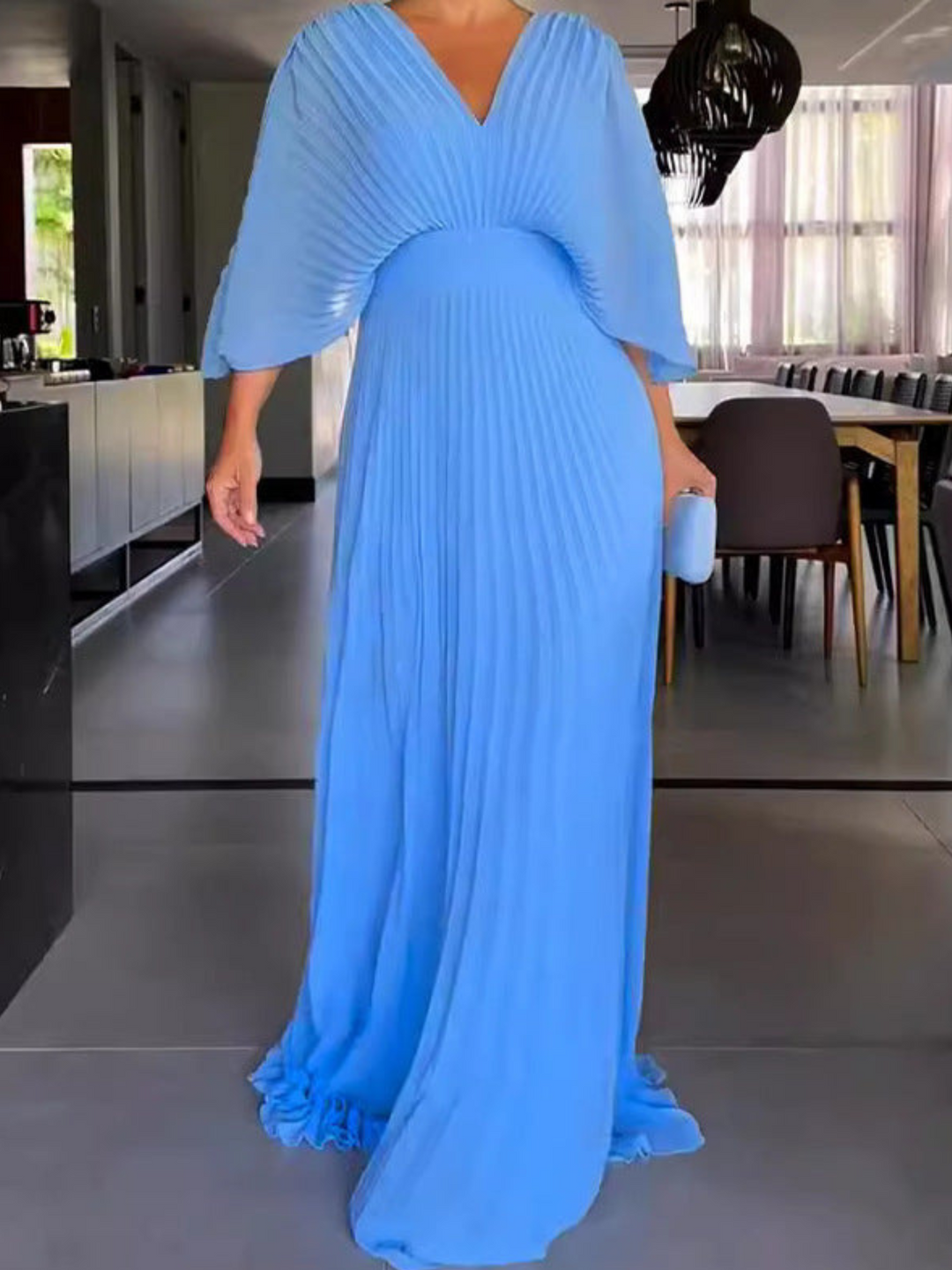 Women's Colorful Pleated Maxi Dress with Elegant Flow