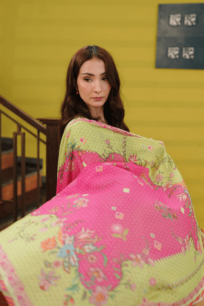  Close-up of floral print on lime green Mehrose Kurta Set