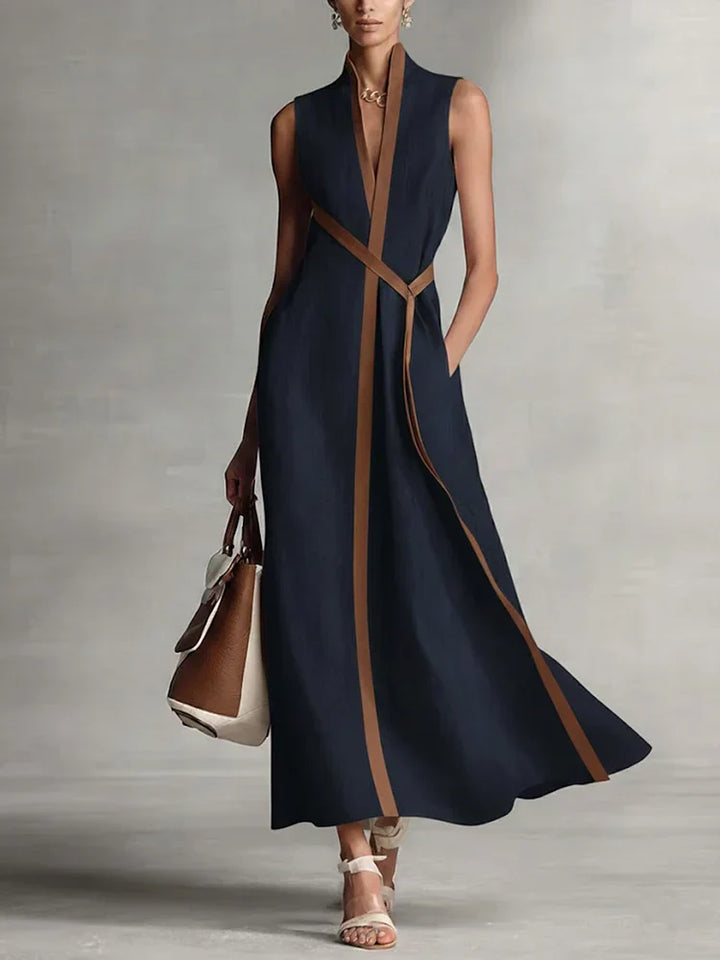 Abito midi elegante da donna, ampio, senza maniche, in cotone e lino, con collo alto, per l’estate, la spiaggia, le vacanze, il lavoro e tutti i giorni – Aurora