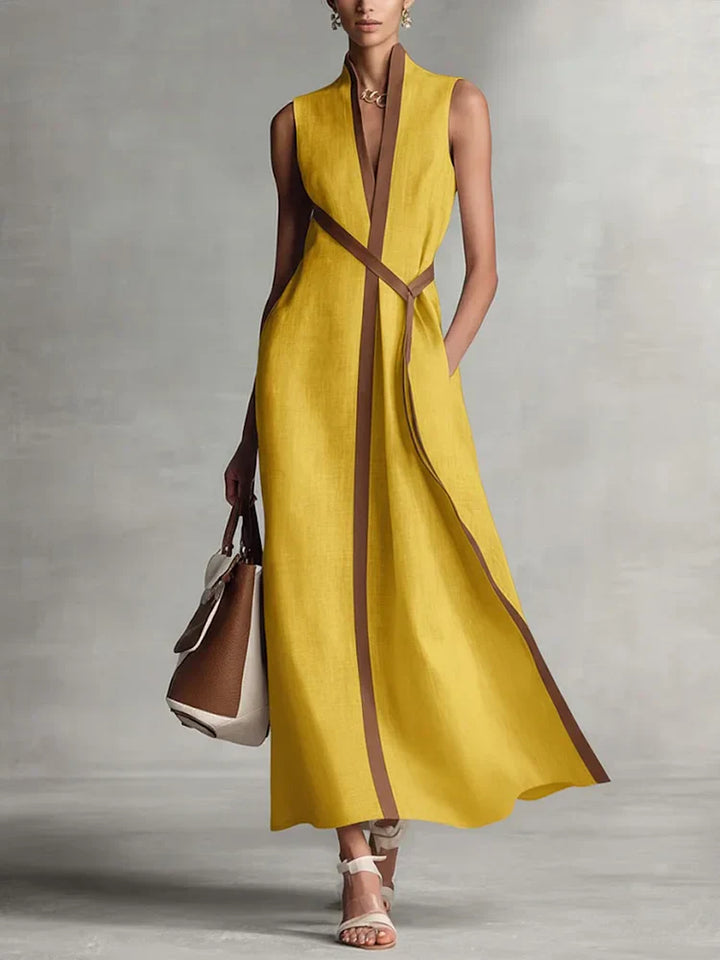Abito midi elegante da donna, ampio, senza maniche, in cotone e lino, con collo alto, per l’estate, la spiaggia, le vacanze, il lavoro e tutti i giorni – Aurora