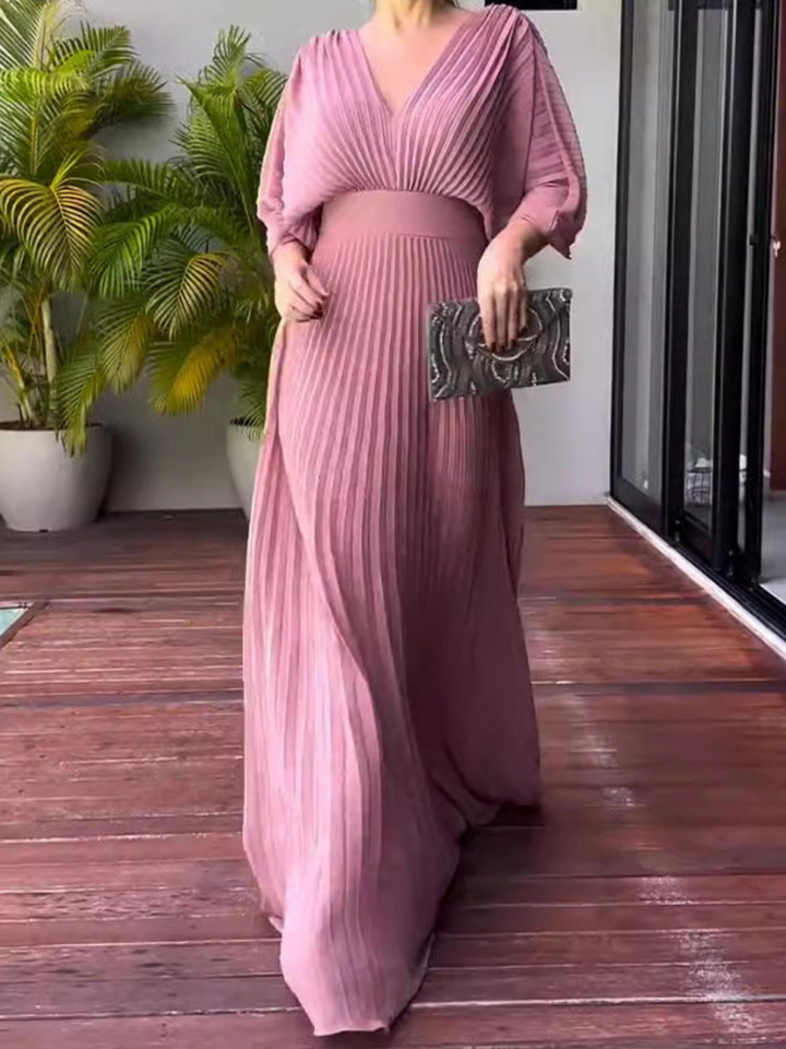 Women's Colorful Pleated Maxi Dress with Elegant Flow