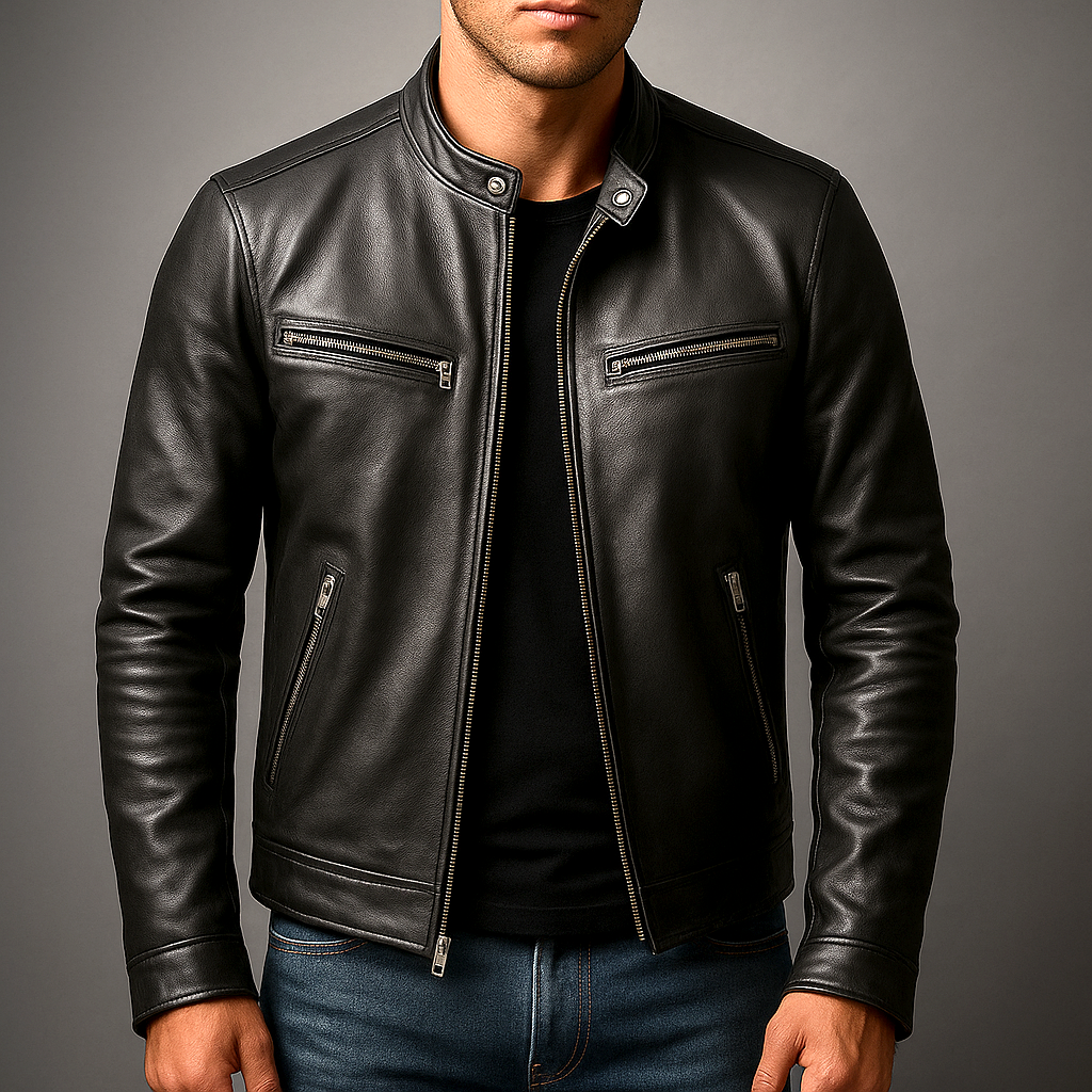 Veste classique pour homme en similicuir, fermeture zippée