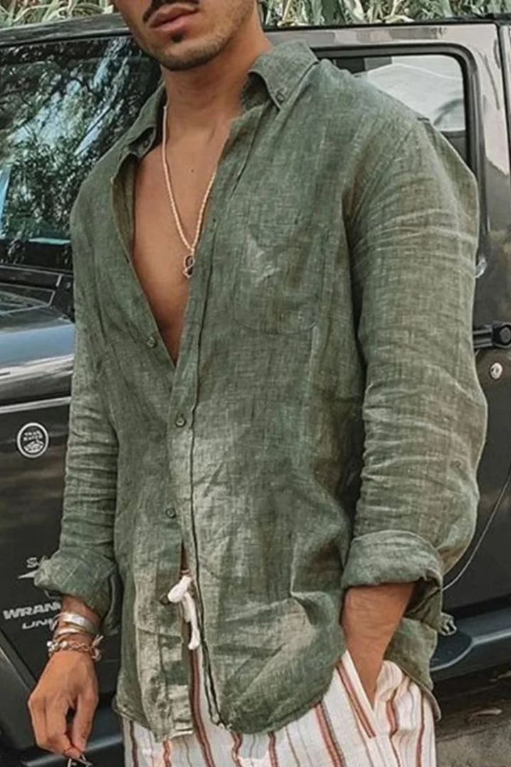 Camicia di lino da uomo a maniche lunghe dal taglio morbido con abbottonatura frontale