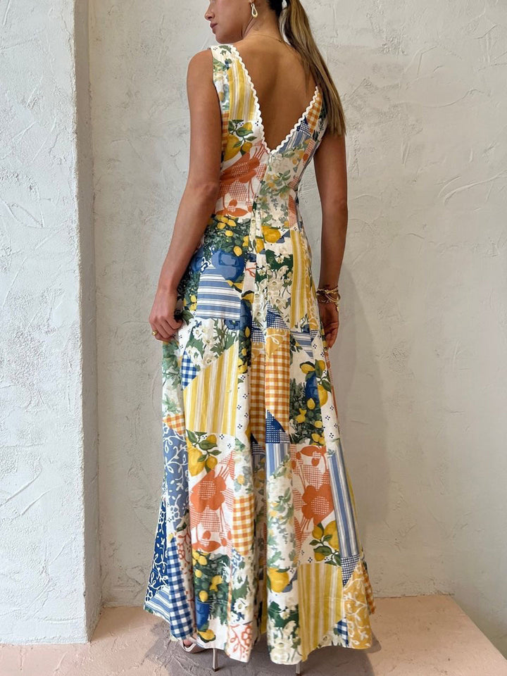 Vestido largo bohemio blanco de patchwork con escote en V para mujer