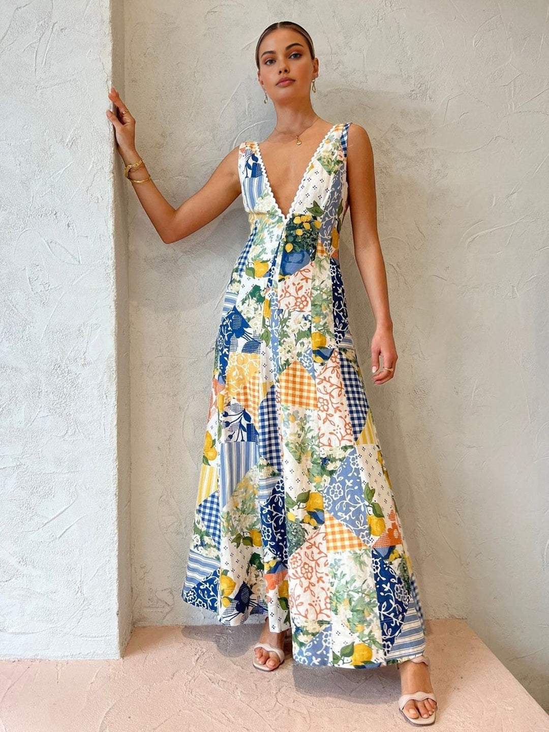 Vestido largo bohemio blanco de patchwork con escote en V para mujer