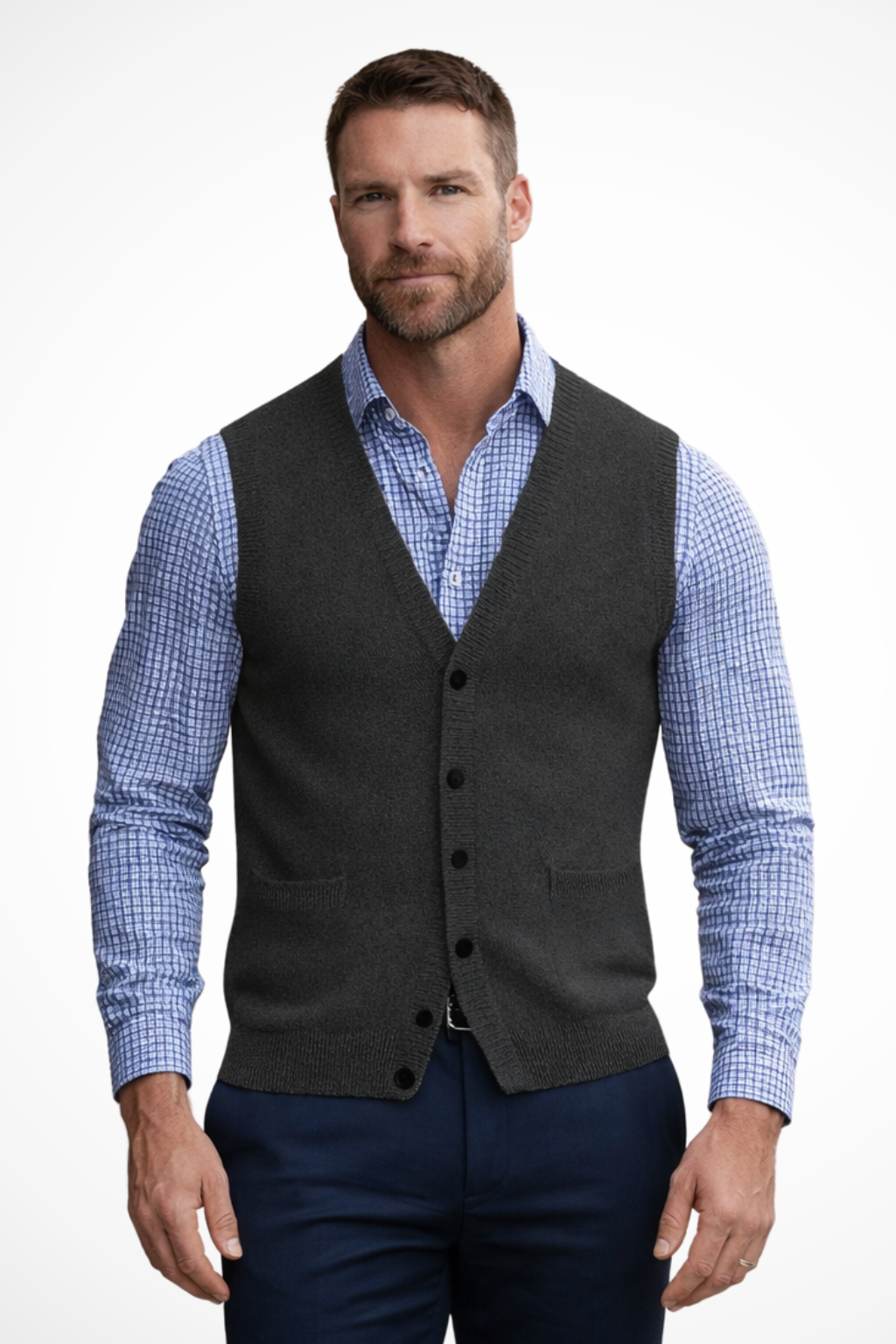 Logan - Men V Neck Button Front Sleeveless Knit Waistcoat Vest with Pockets